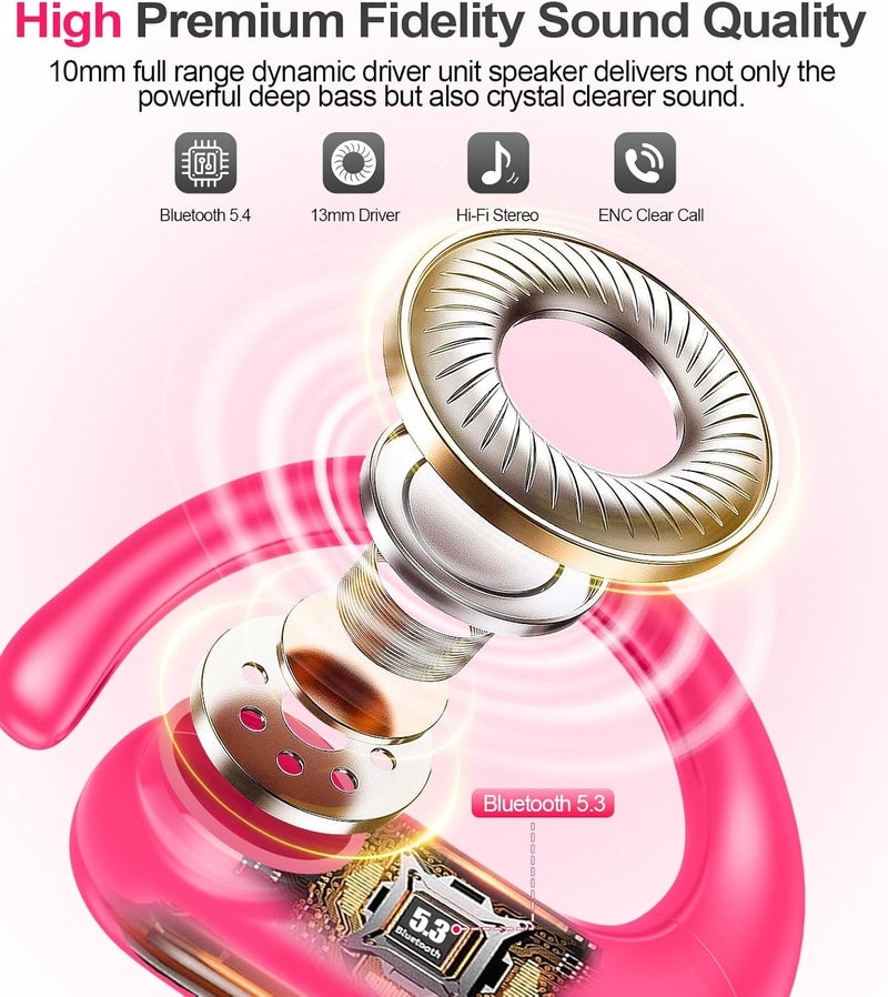 MOZOTER Wireless Earbuds Bluetooth 5.3 Headphones Sport,Over Ear Buds with Deep Bass Sound,60Hrs Playtime Earphones Redesigned Comfort Fit with Earhooks for Running,Meeting,Workout-Pink - Image 2